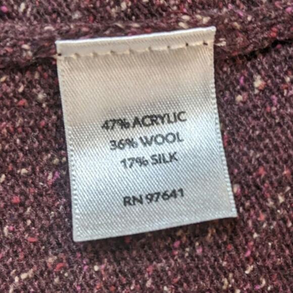 J Jill Wool Silk Blend Cardigan Sweater Burgundy Marled Knit Ruffle Spring  M - Picture 8 of 9